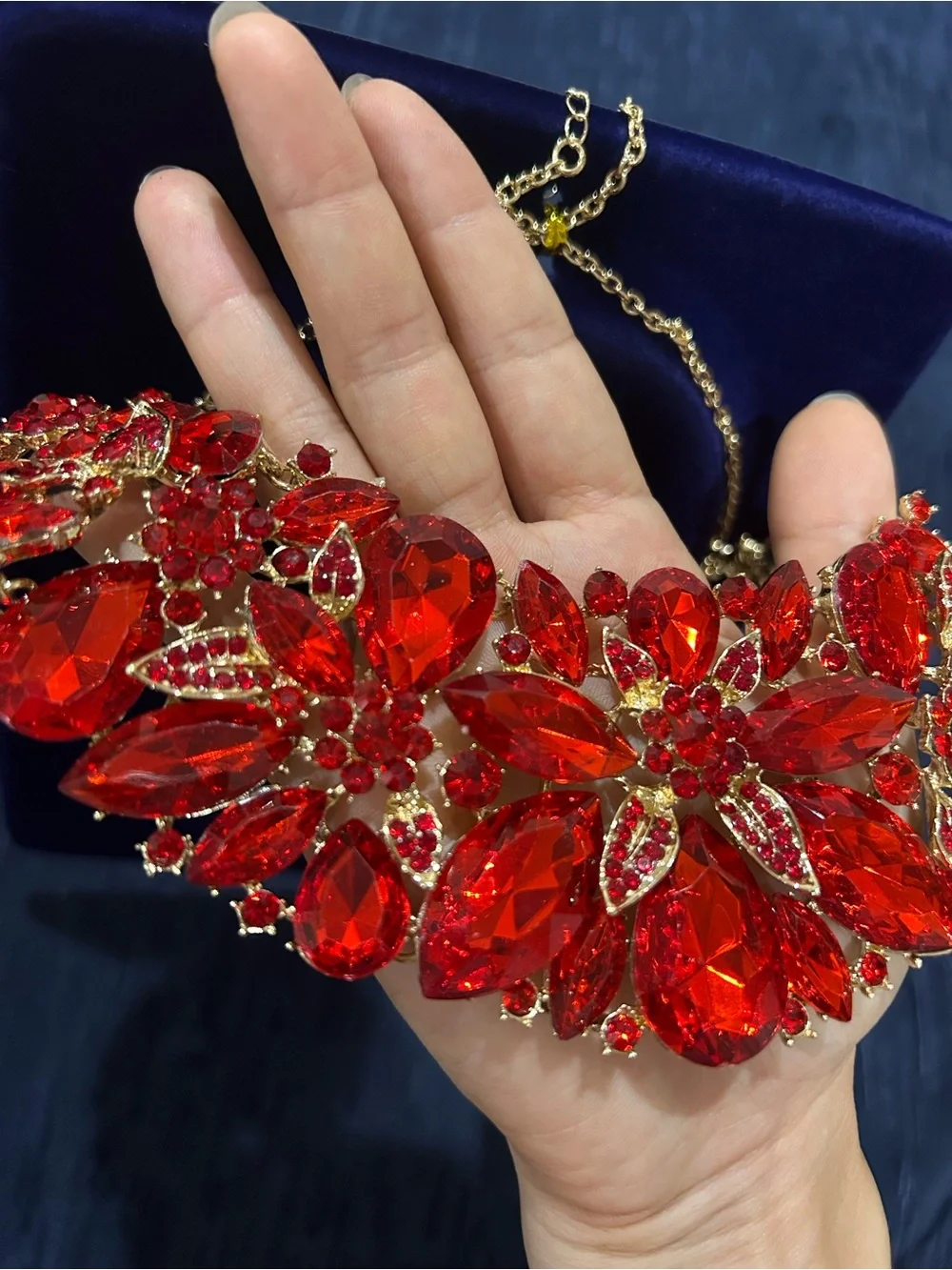 Elegant Red Crystal Floral Statement Necklace & Earrings Set